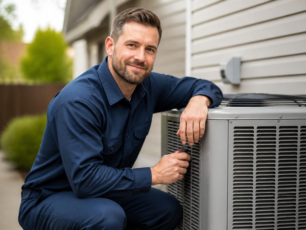 HVAC technician servicing an outdoor air conditioning unit
