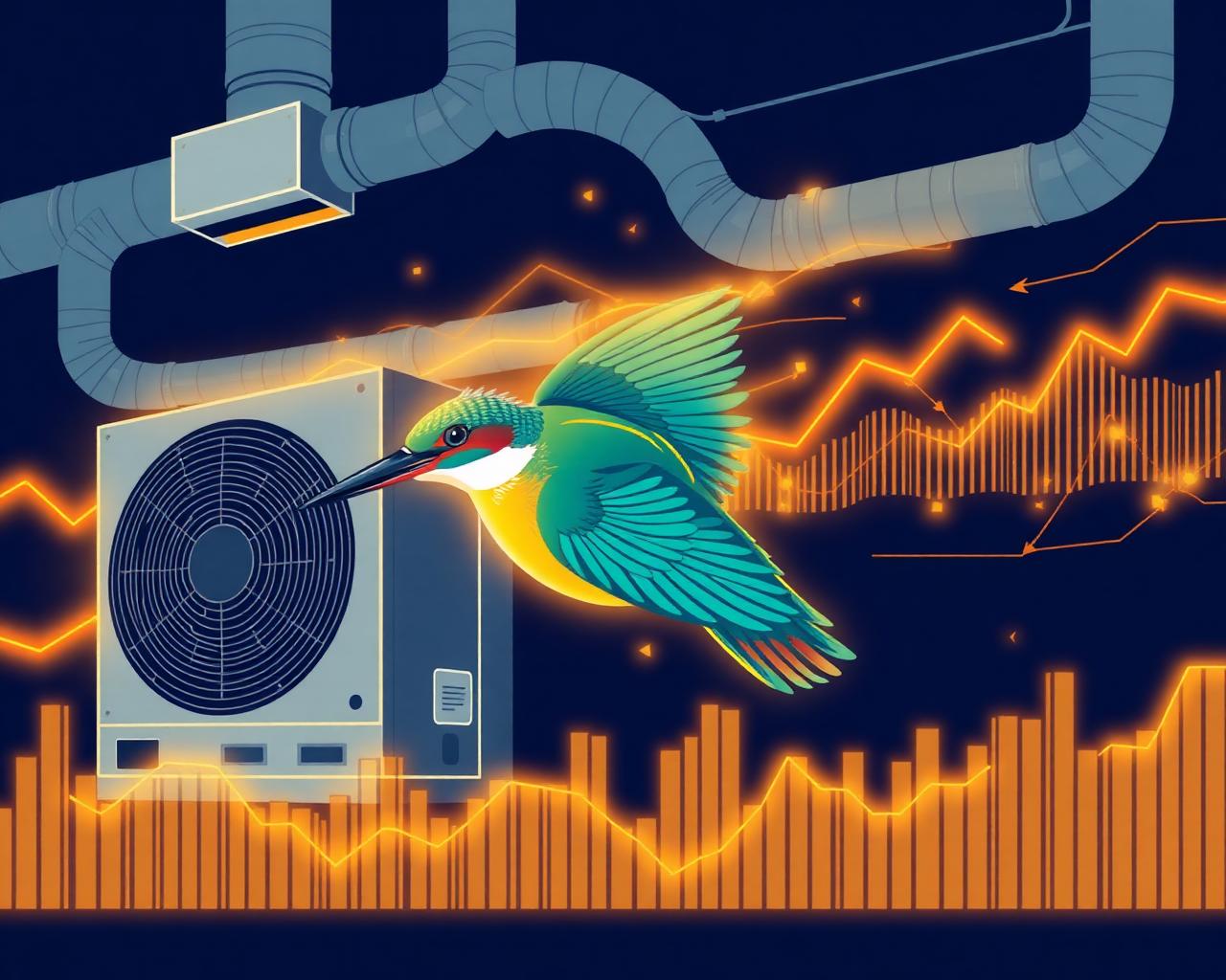 Kingfisher diving past an HVAC condenser unit surrounded by campaign performance charts